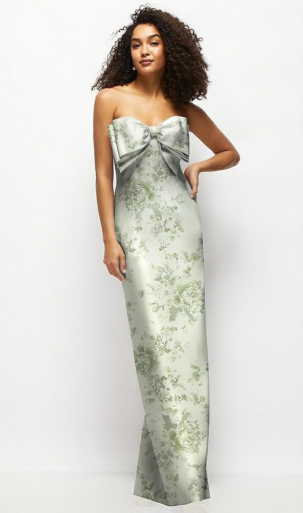 strapless floral satin column maxi dress with oversized bow