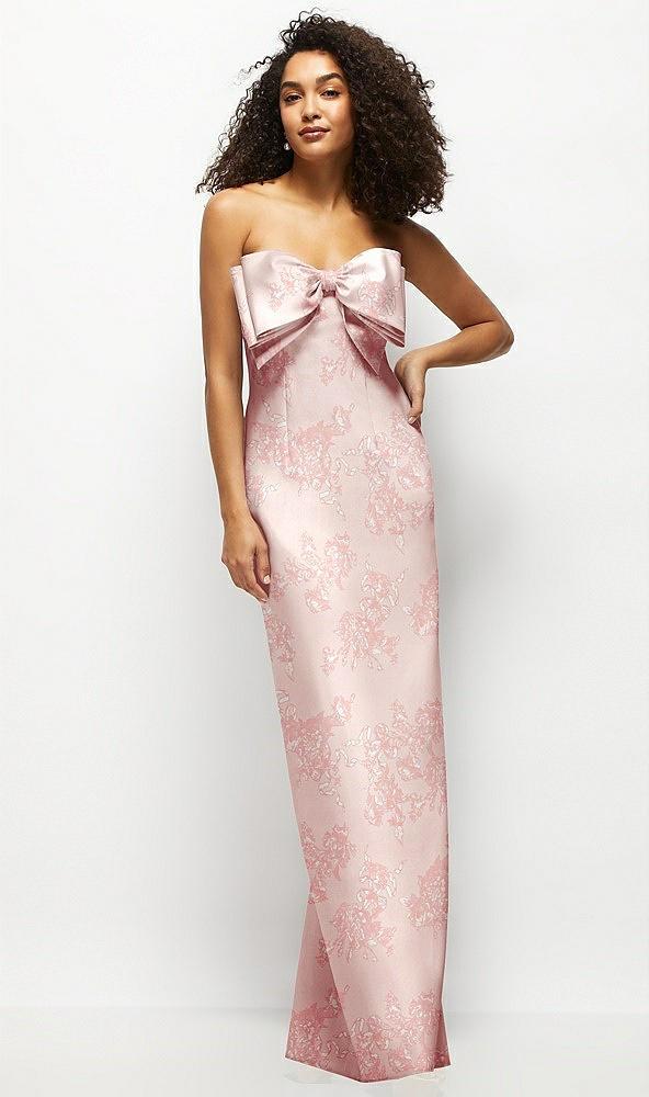 strapless floral satin column maxi dress with oversized bow