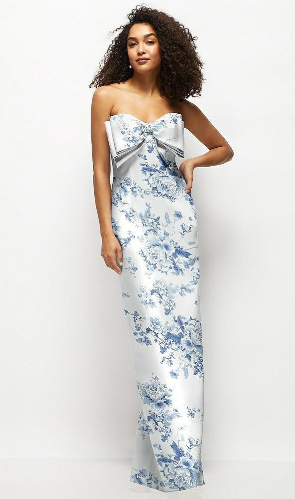 strapless floral satin column maxi dress with oversized bow