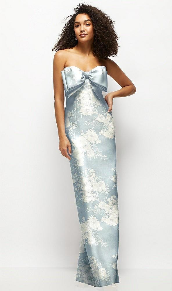 strapless floral satin column maxi dress with oversized bow