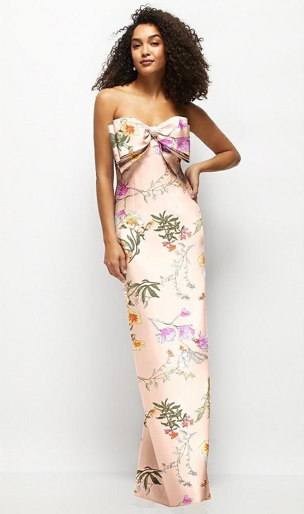 strapless floral satin column maxi dress with oversized bow
