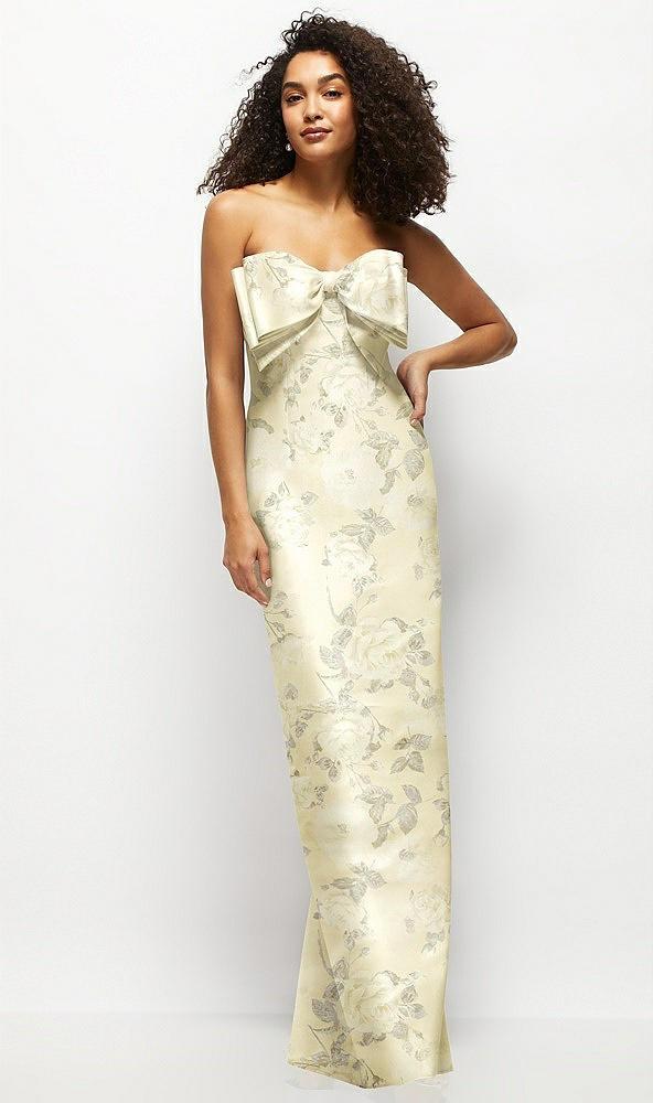 strapless floral satin column maxi dress with oversized bow