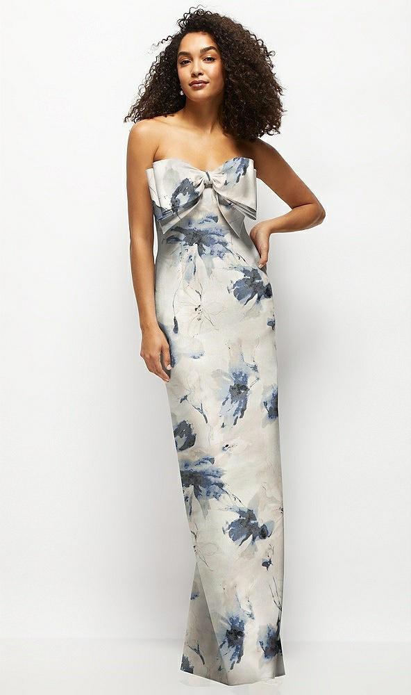 strapless floral satin column maxi dress with oversized bow