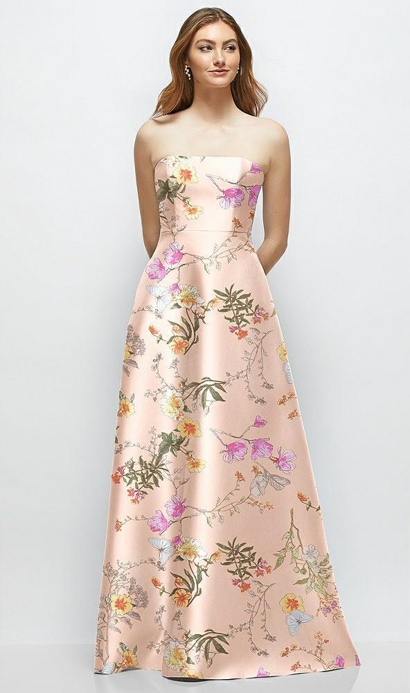 strapless floral satin gown with full skirt and covered buttons at back