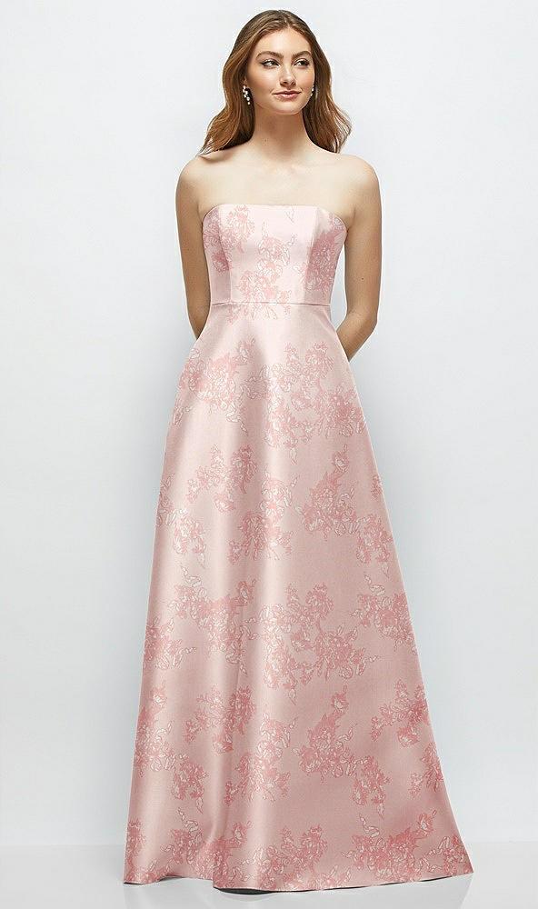 strapless floral satin gown with full skirt and covered buttons at back