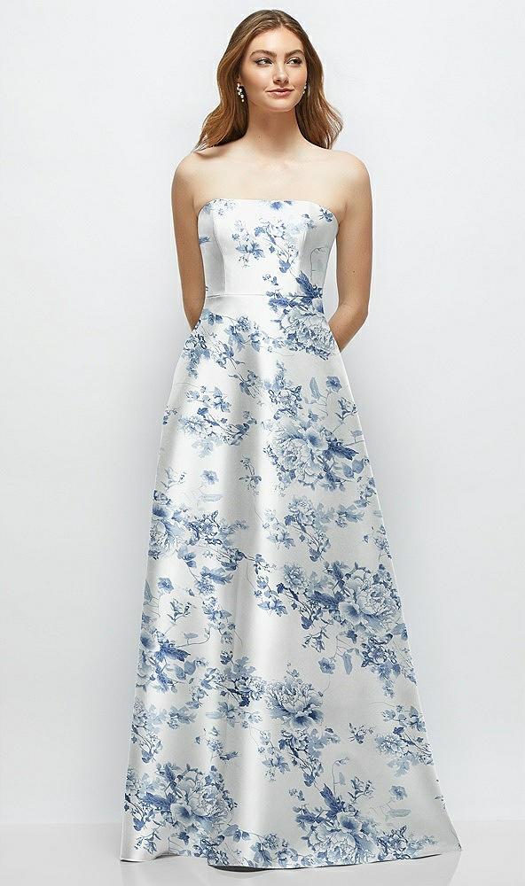 strapless floral satin gown with full skirt and covered buttons at back