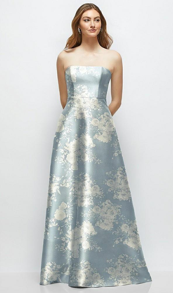 strapless floral satin gown with full skirt and covered buttons at back