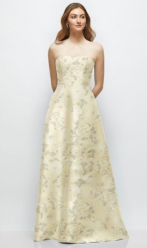 strapless floral satin gown with full skirt and covered buttons at back