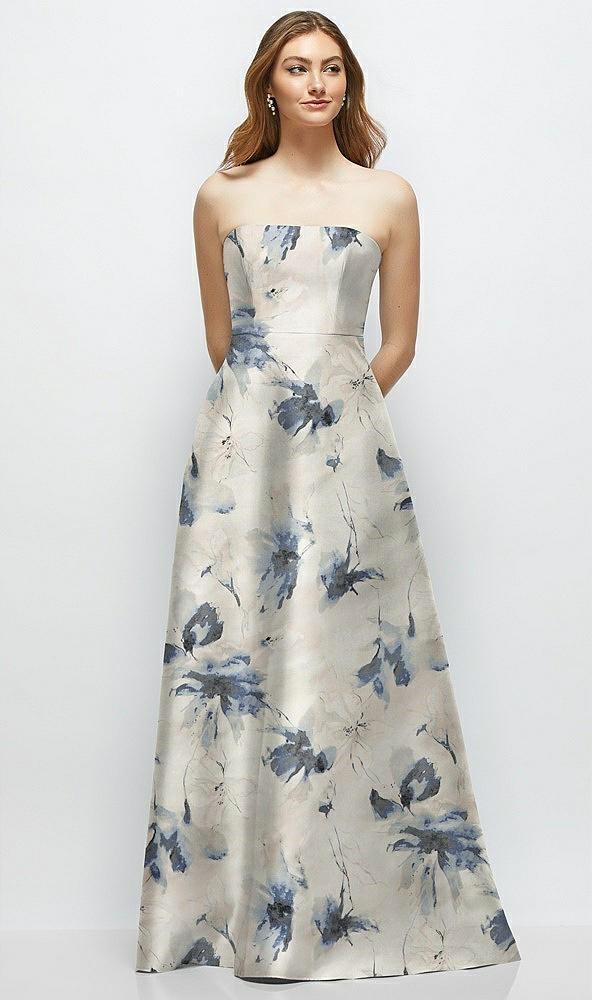 strapless floral satin gown with full skirt and covered buttons at back