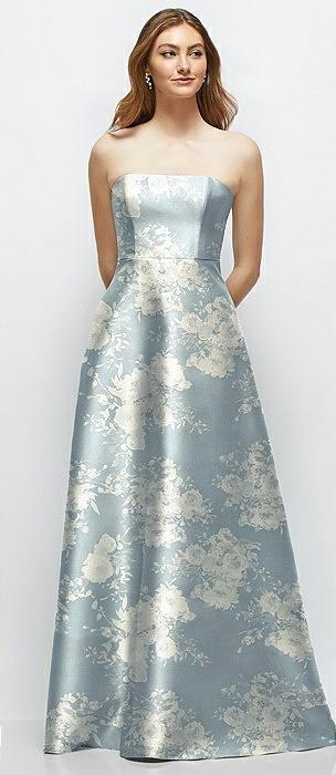 strapless floral satin gown with full skirt and covered buttons at back