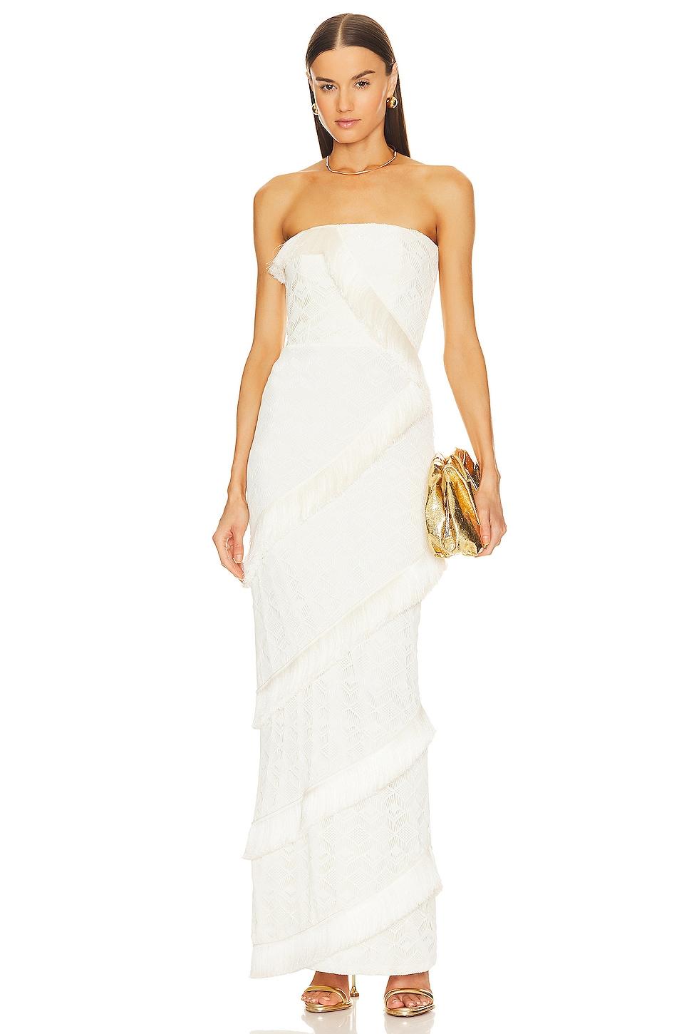 strapless fringe trim maxi dress
