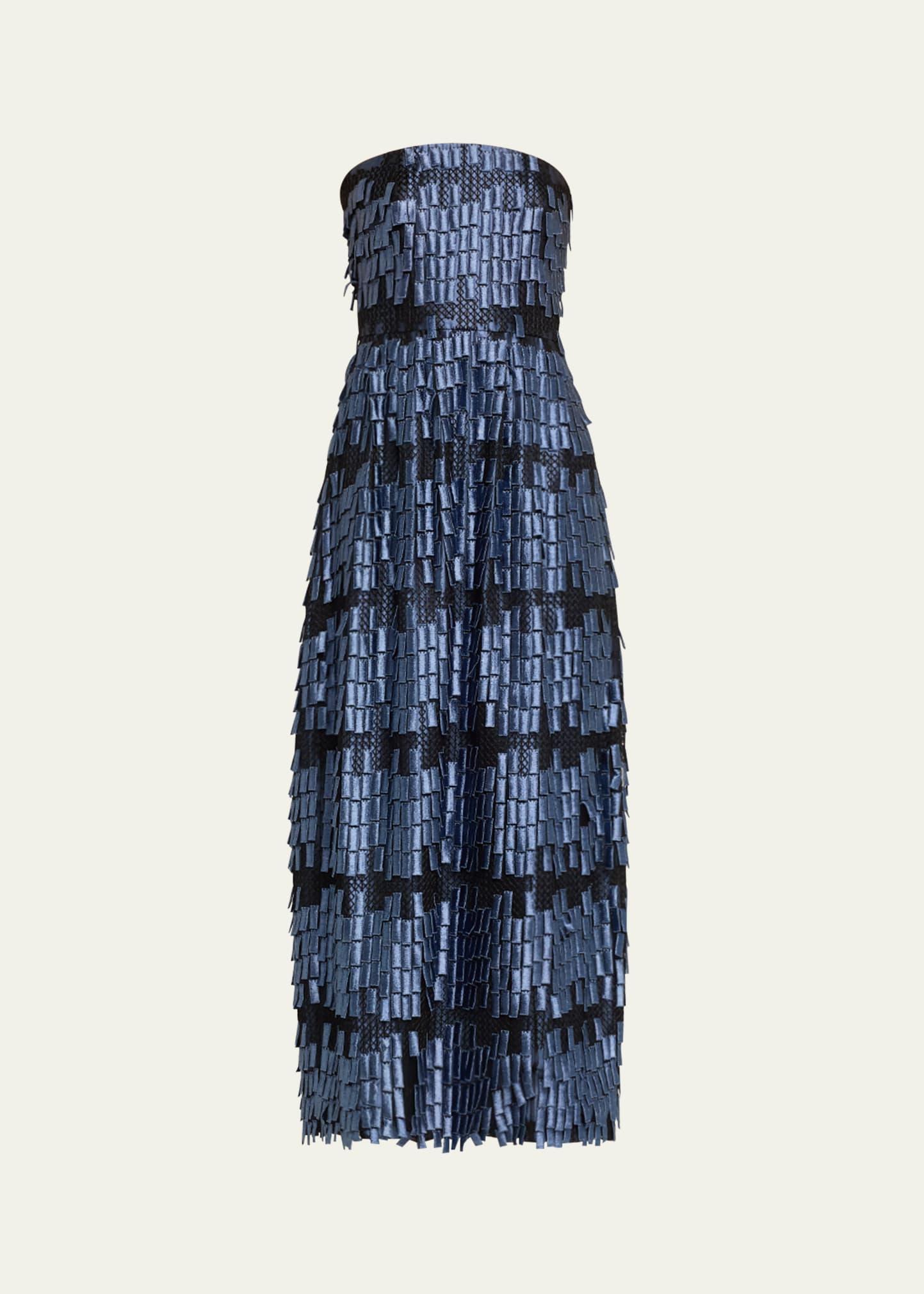 strapless geometric fringe effect gown