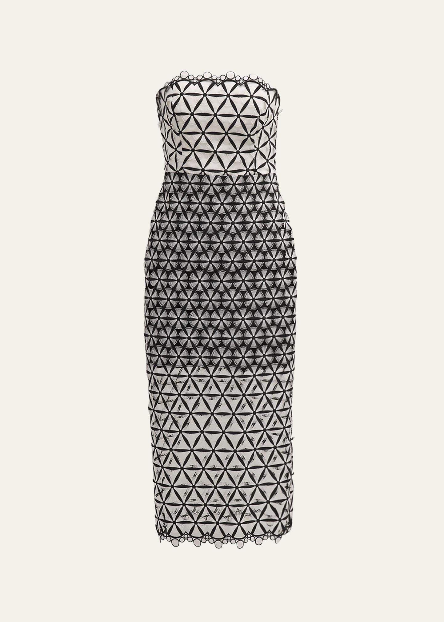 strapless geometric lace midi dress