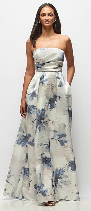 strapless hand-pleated bodice floral satin maxi dress with full pleated skirt
