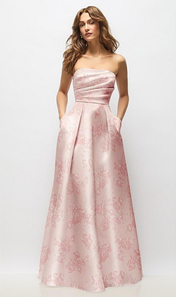 strapless hand-pleated bodice floral satin maxi dress with full pleated skirt