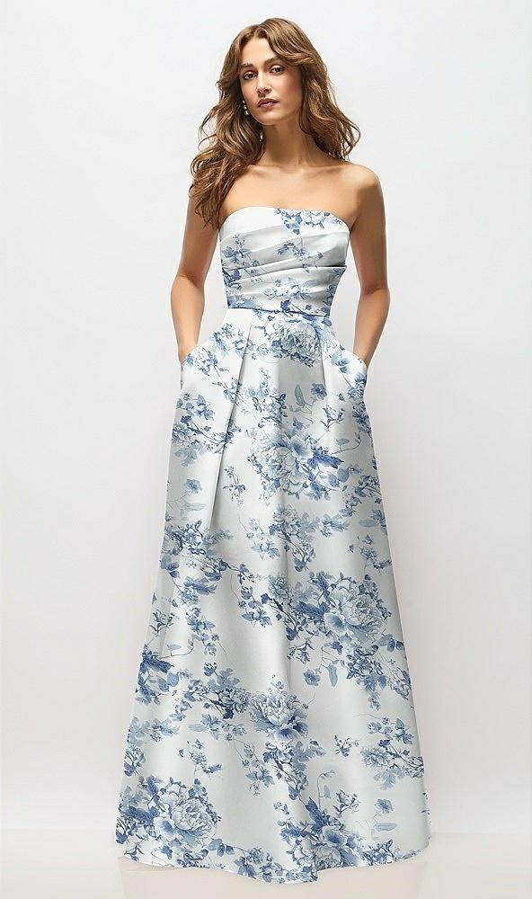 strapless hand-pleated bodice floral satin maxi dress with full pleated skirt