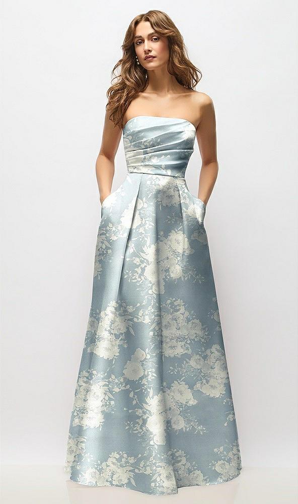 strapless hand-pleated bodice floral satin maxi dress with full pleated skirt
