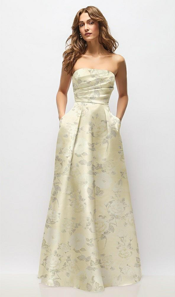 strapless hand-pleated bodice floral satin maxi dress with full pleated skirt