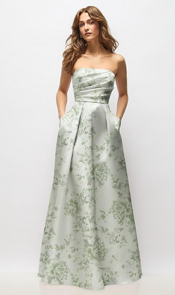 strapless hand-pleated bodice floral satin maxi dress with full pleated skirt