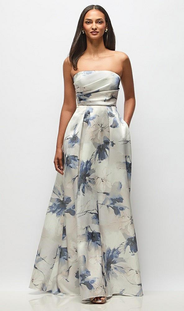 strapless hand-pleated bodice floral satin maxi dress with full pleated skirt