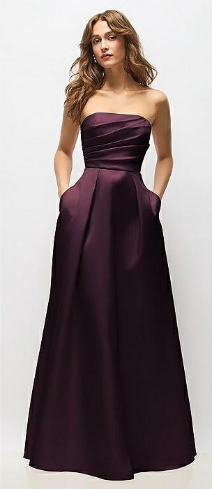 strapless hand-pleated bodice satin maxi dress with full pleated skirt