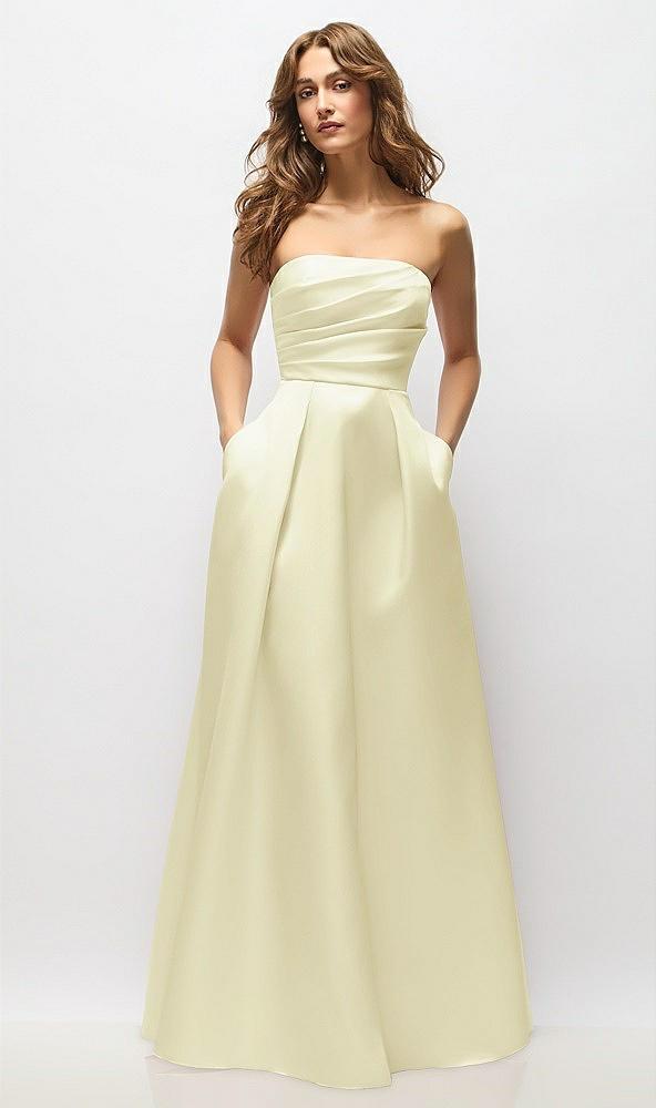 strapless hand-pleated bodice satin maxi dress with full pleated skirt