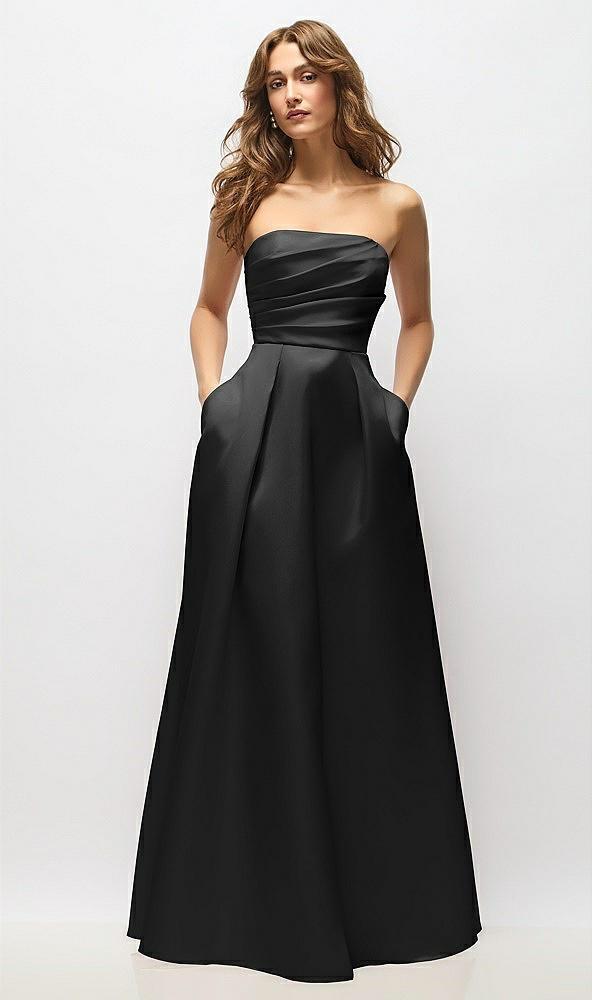strapless hand-pleated bodice satin maxi dress with full pleated skirt