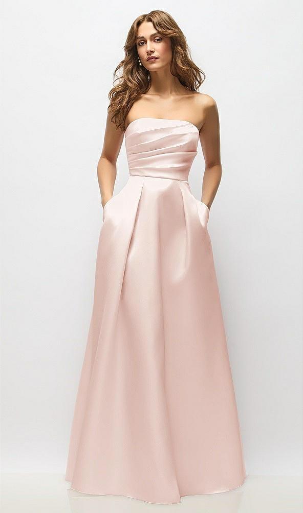 strapless hand-pleated bodice satin maxi dress with full pleated skirt