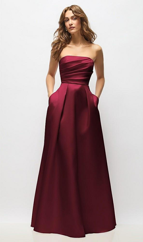 strapless hand-pleated bodice satin maxi dress with full pleated skirt
