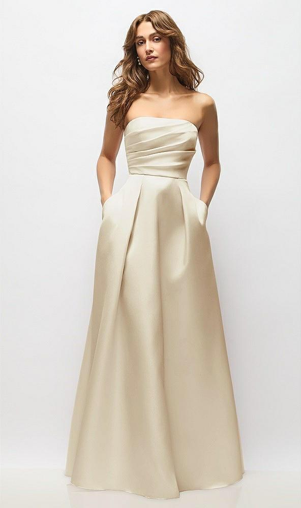 strapless hand-pleated bodice satin maxi dress with full pleated skirt