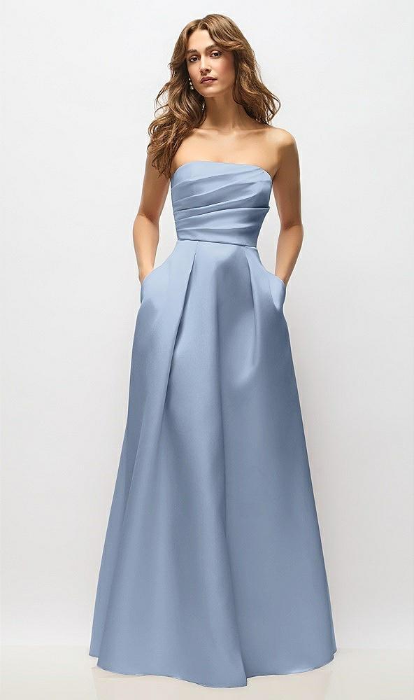 strapless hand-pleated bodice satin maxi dress with full pleated skirt