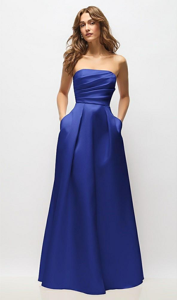 strapless hand-pleated bodice satin maxi dress with full pleated skirt
