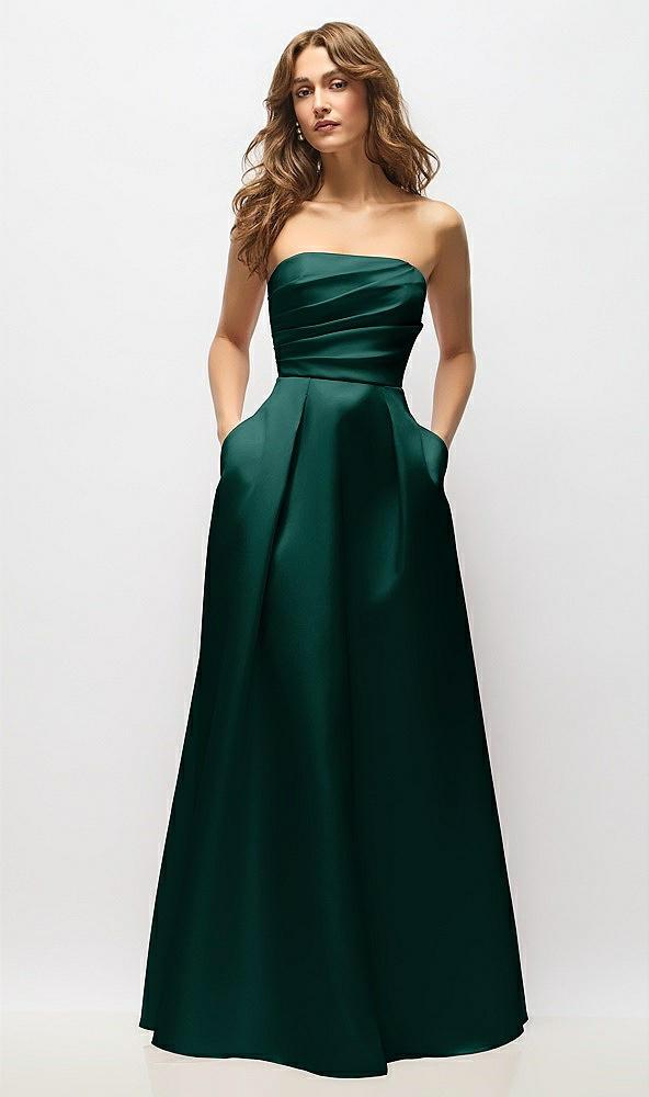 strapless hand-pleated bodice satin maxi dress with full pleated skirt
