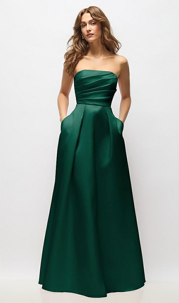 strapless hand-pleated bodice satin maxi dress with full pleated skirt