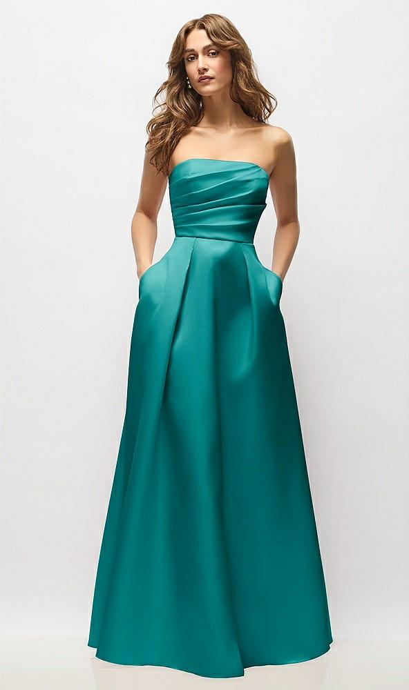 strapless hand-pleated bodice satin maxi dress with full pleated skirt