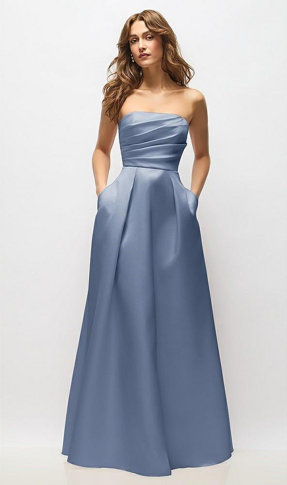 strapless hand-pleated bodice satin maxi dress with full pleated skirt