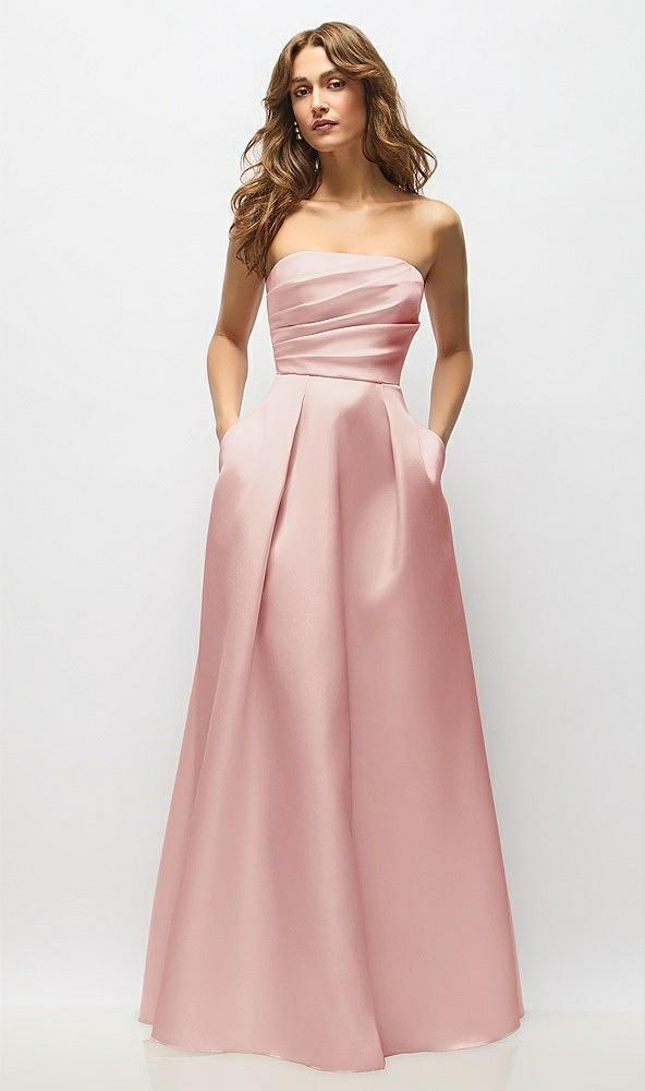 strapless hand-pleated bodice satin maxi dress with full pleated skirt