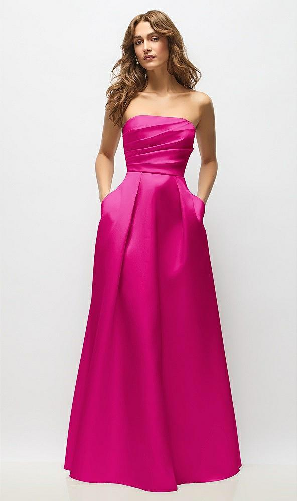 strapless hand-pleated bodice satin maxi dress with full pleated skirt