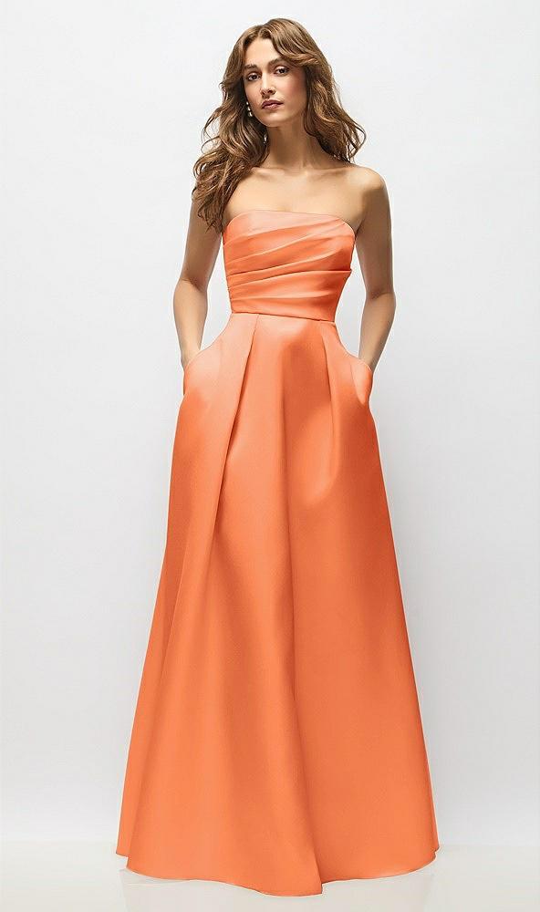 strapless hand-pleated bodice satin maxi dress with full pleated skirt