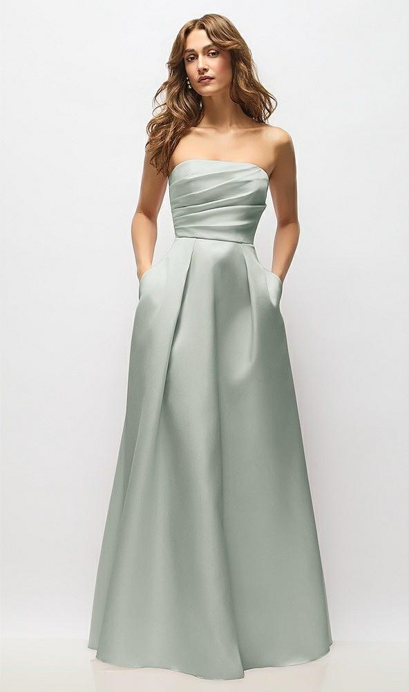 strapless hand-pleated bodice satin maxi dress with full pleated skirt