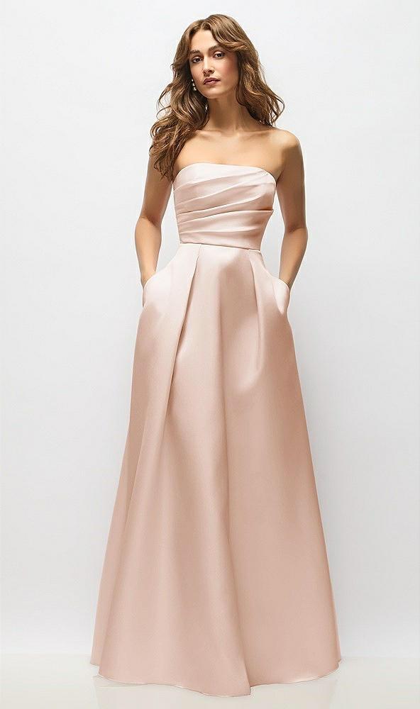 strapless hand-pleated bodice satin maxi dress with full pleated skirt
