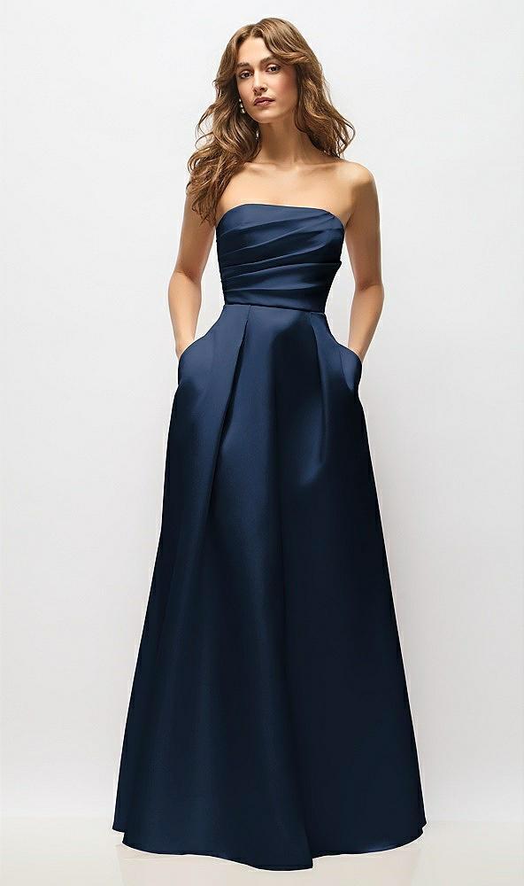 strapless hand-pleated bodice satin maxi dress with full pleated skirt