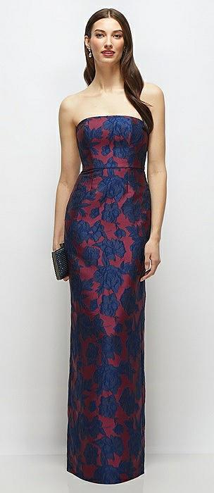 strapless heritage floral jacquard column dress with back slit