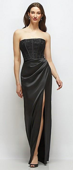 strapless lace and satin corset maxi dress with draped column skirt
