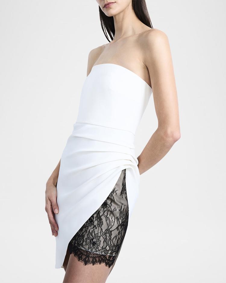 strapless lace-inset pleated mini dress