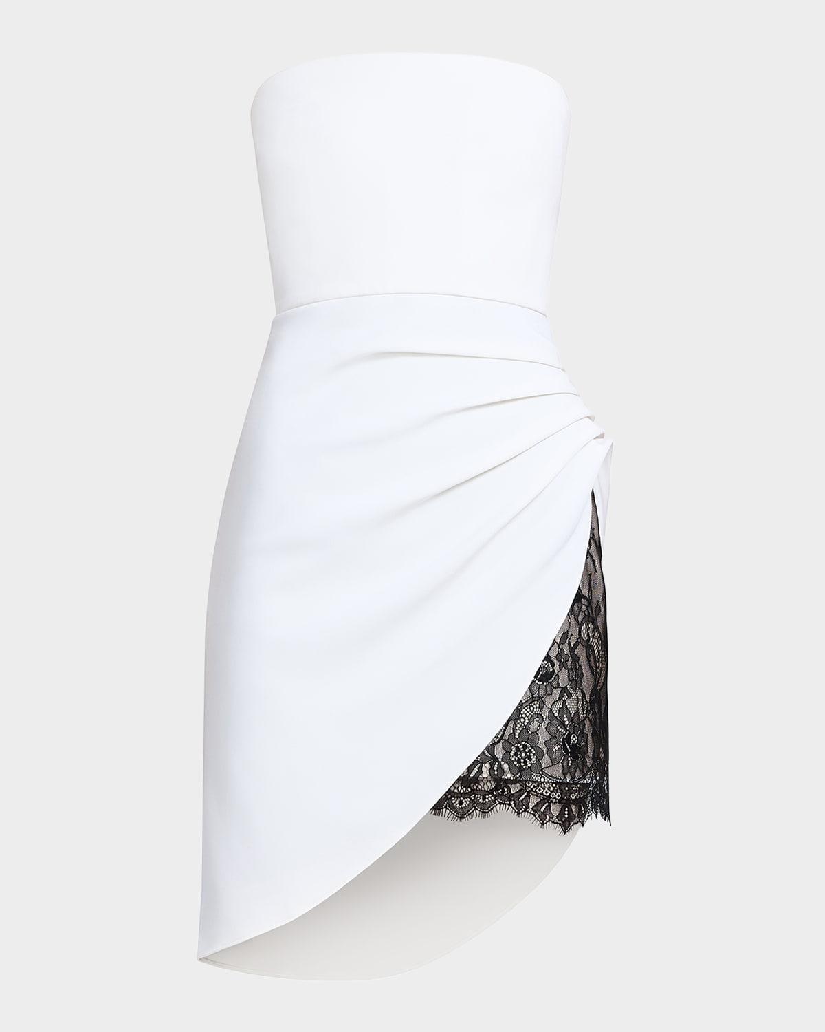 strapless lace-inset pleated mini dress