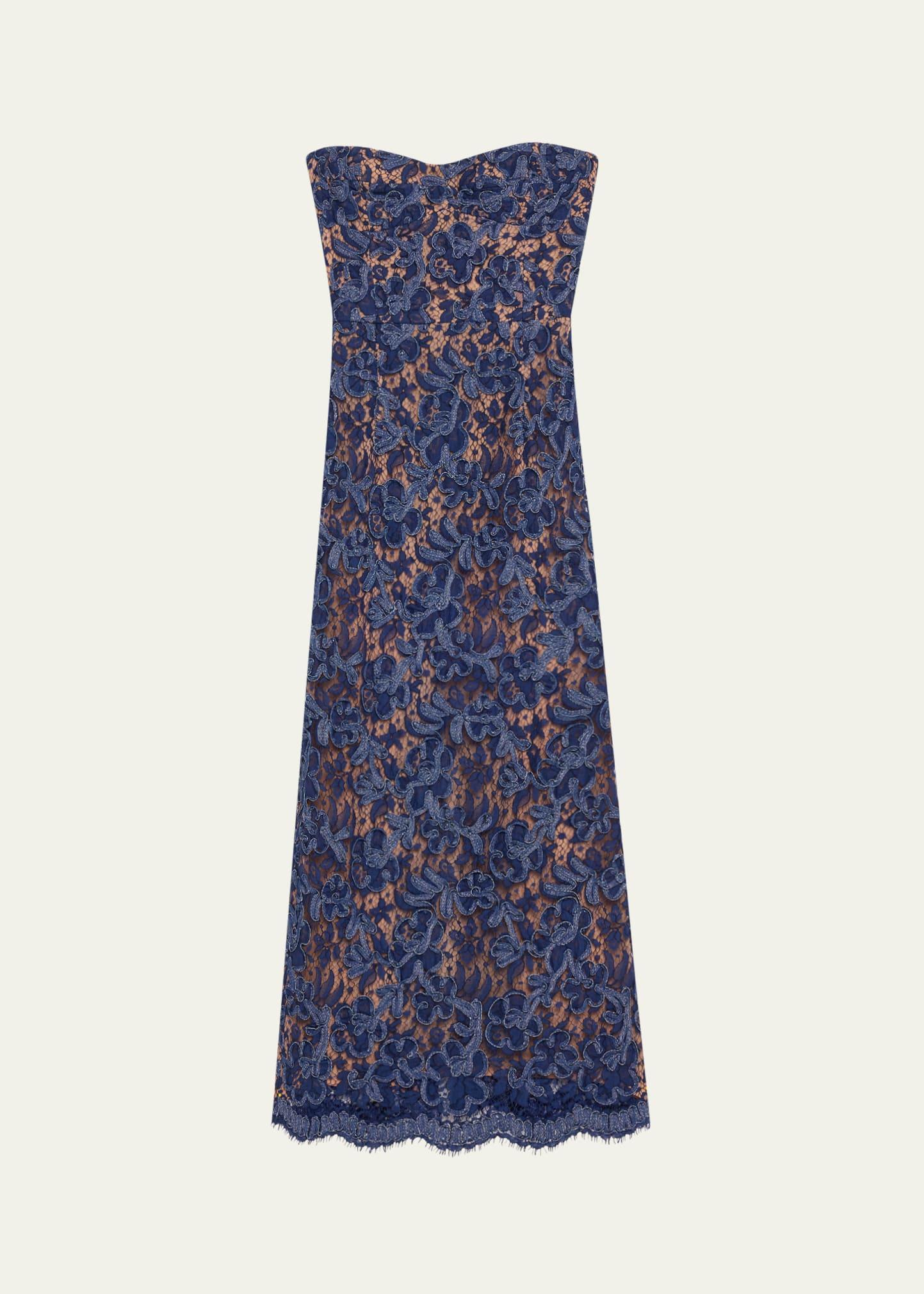 strapless lace sheath midi dress