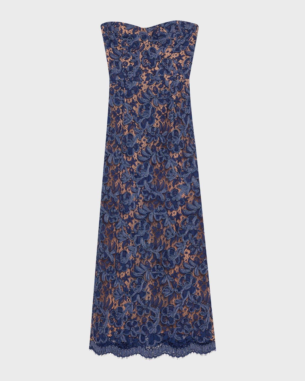 strapless lace sheath midi dress