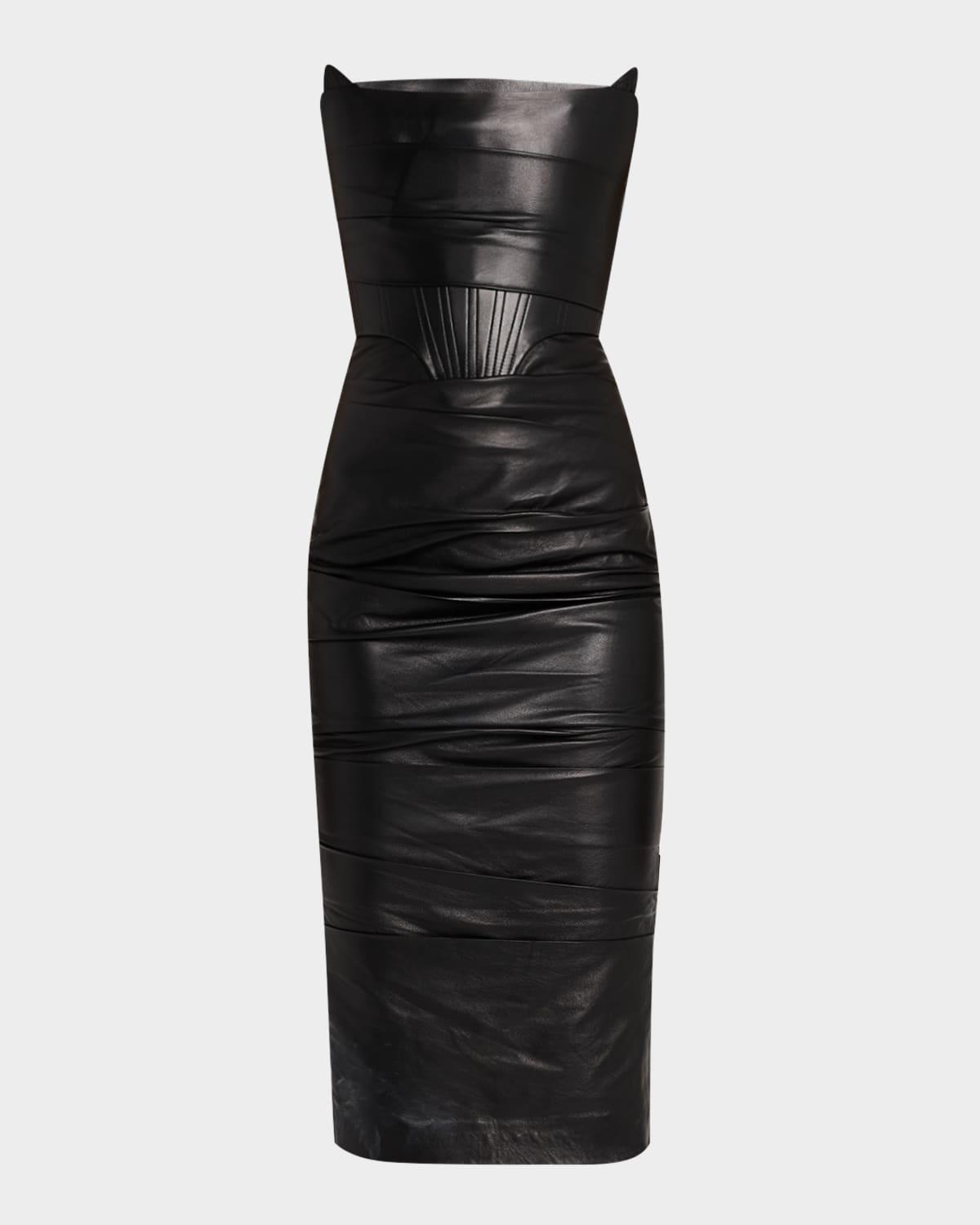 strapless leather longline corset midi dress