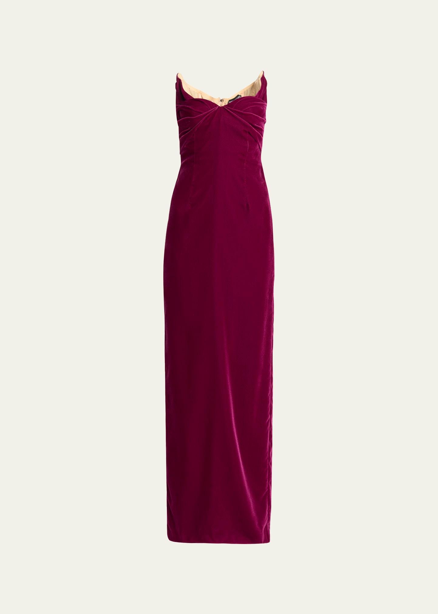 strapless lightweight velvet evening gown